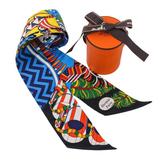 HERMES Twilly "Duel with the Cane Umbrella" Silk Scarf/Muffler in Blue Jaune ... - Picture 1 of 10